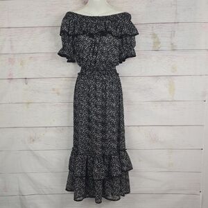 Off-Shoulder Black Floral Midi Dress